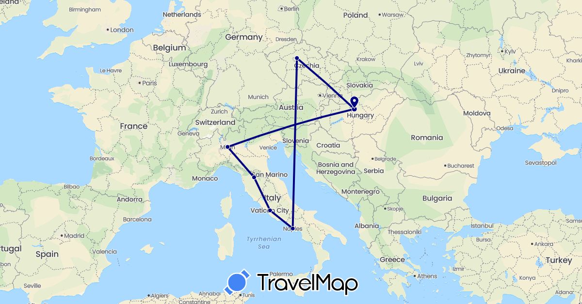 TravelMap itinerary: driving in Czech Republic, Hungary, Italy (Europe)